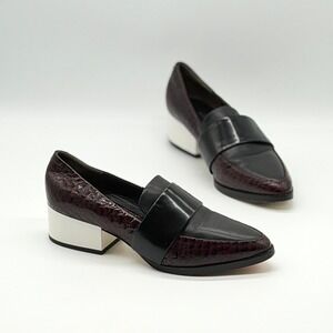 PHILLIP LIM Quinn Heeled Loafer Womens 7 Burgundy Black Croc Embossed Block Luxe